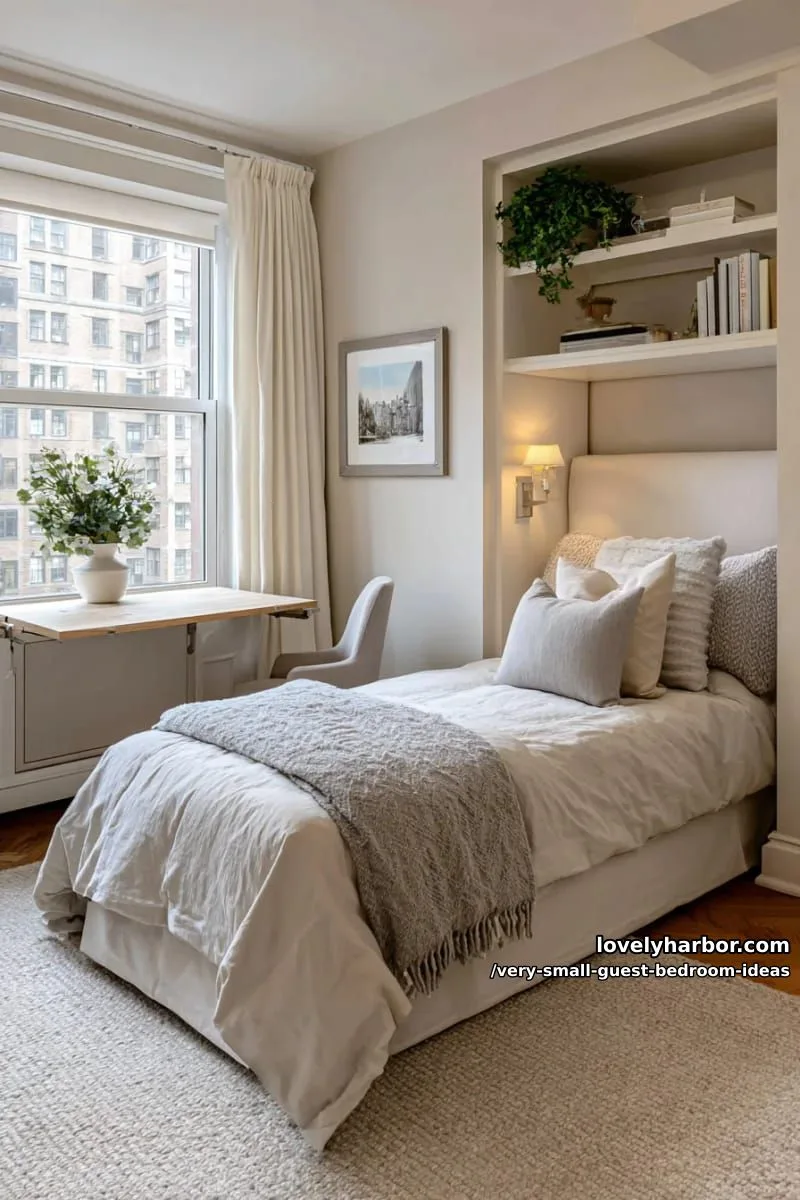 19 Very Small Guest Bedroom Ideas For A Welcoming Retreat 2 wall-mounted fold-down desk beside bed for work and reading nook 1