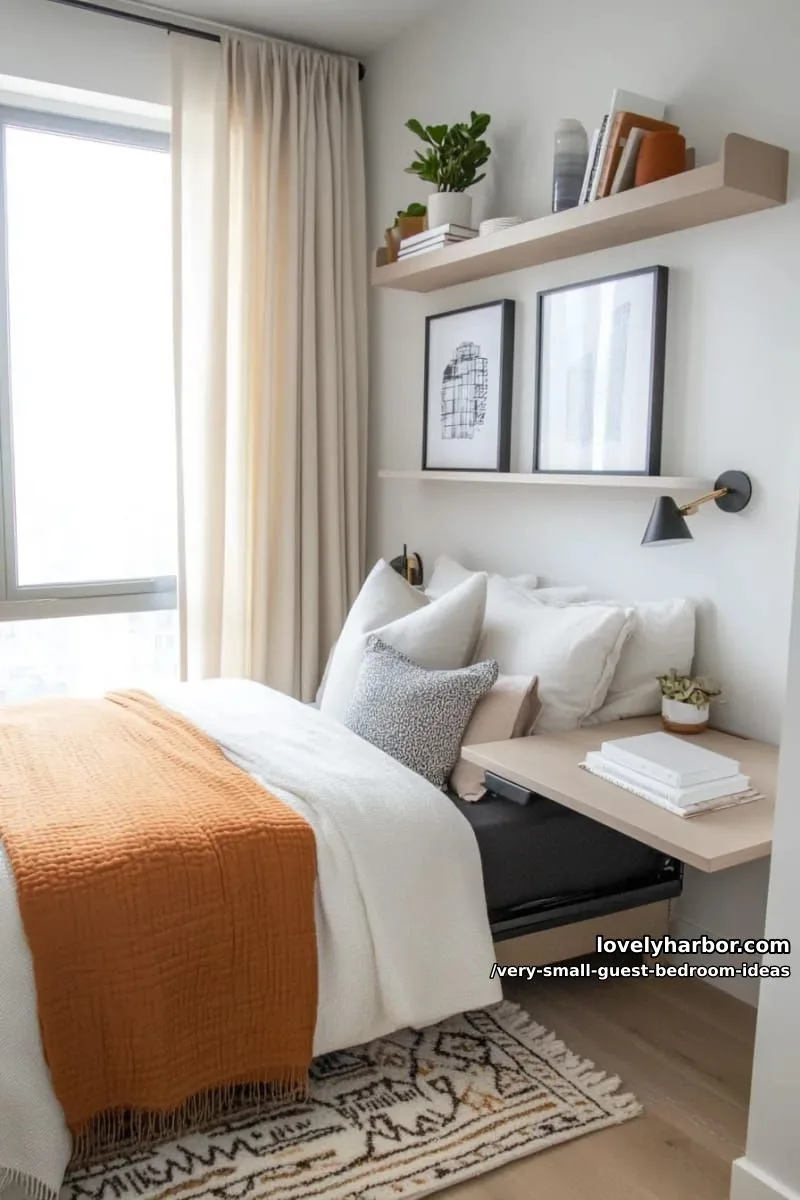19 Very Small Guest Bedroom Ideas For A Welcoming Retreat 3 wall-mounted fold-down desk beside bed for work and reading nook 1