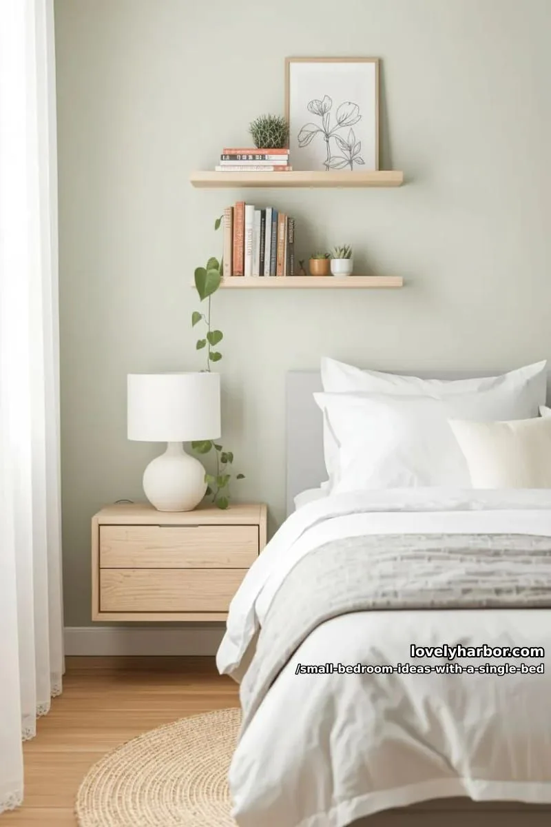 wall-mounted nightstand paired with floating minimalist shelves above the bed. 1