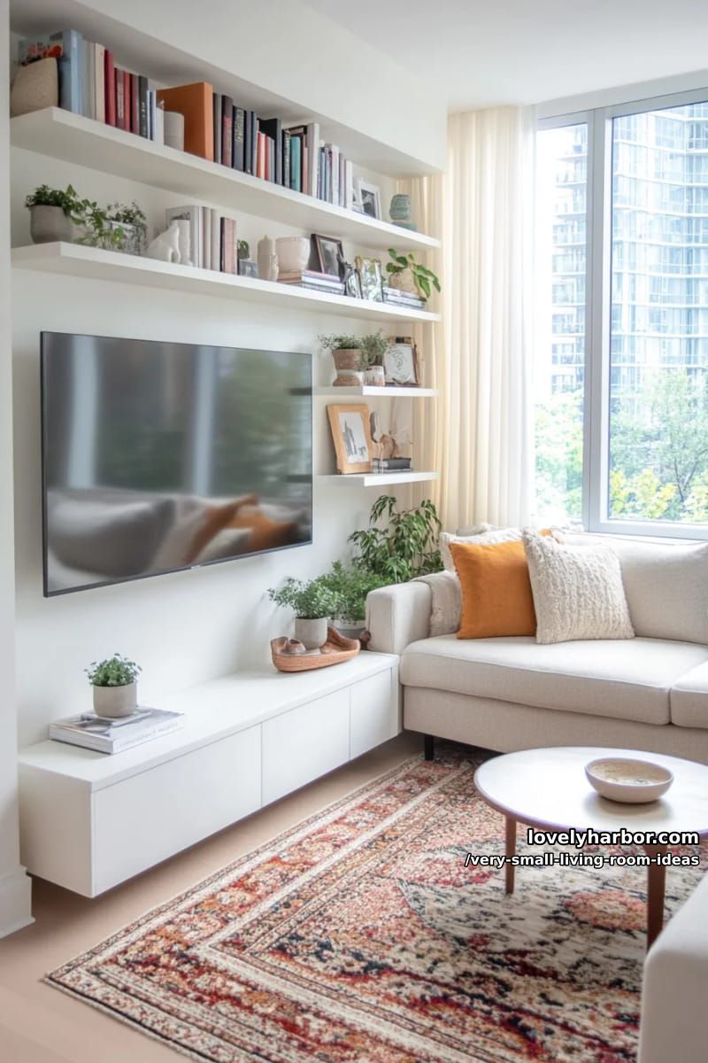 wall-mounted shelves framing the tv for stylish storage and display 1