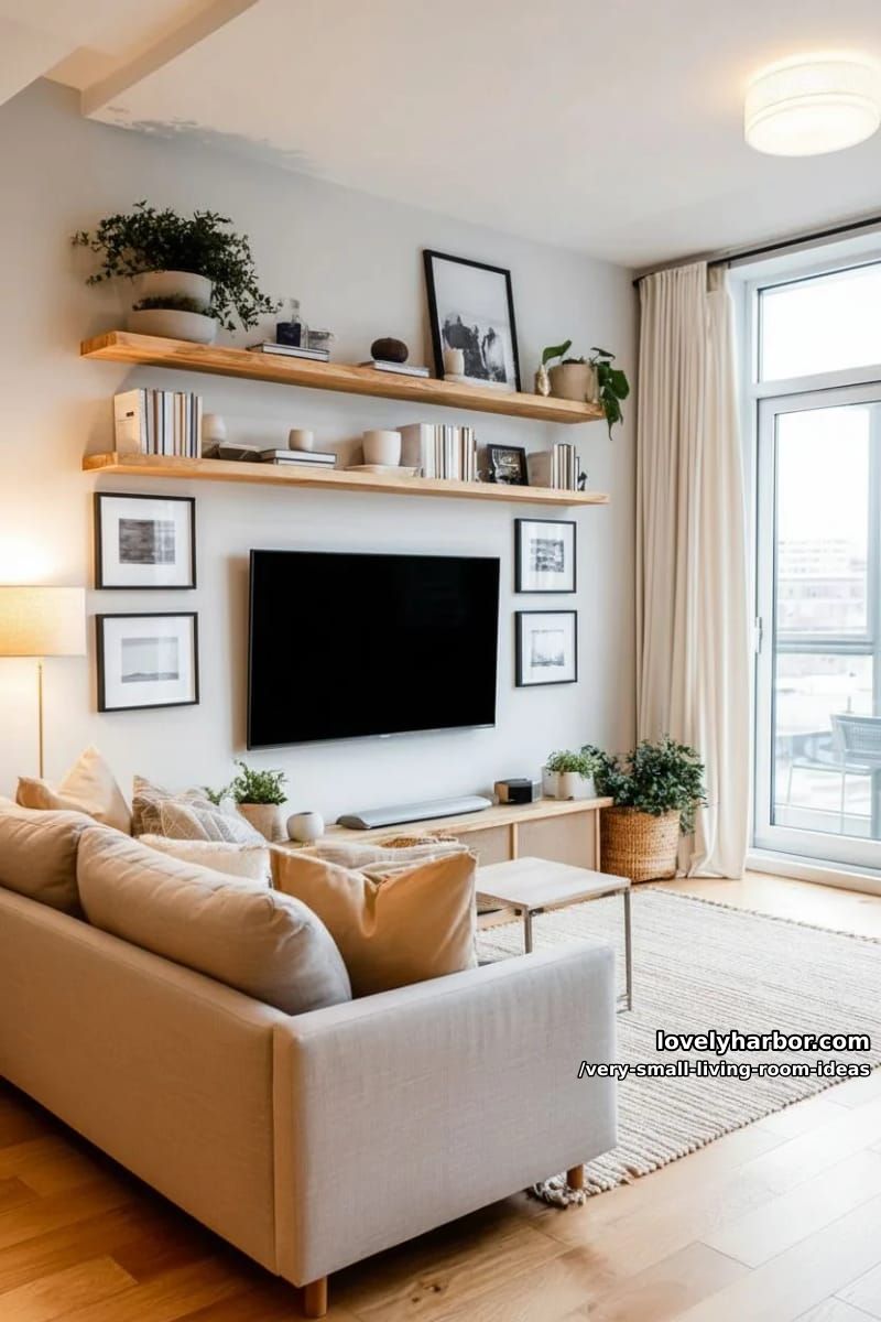 wall-mounted shelves framing the tv for stylish storage and display 1