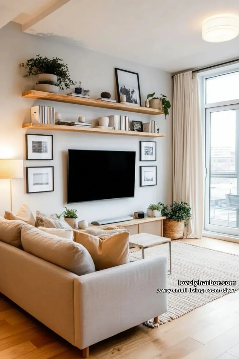 wall-mounted shelves framing the tv for stylish storage and display 1