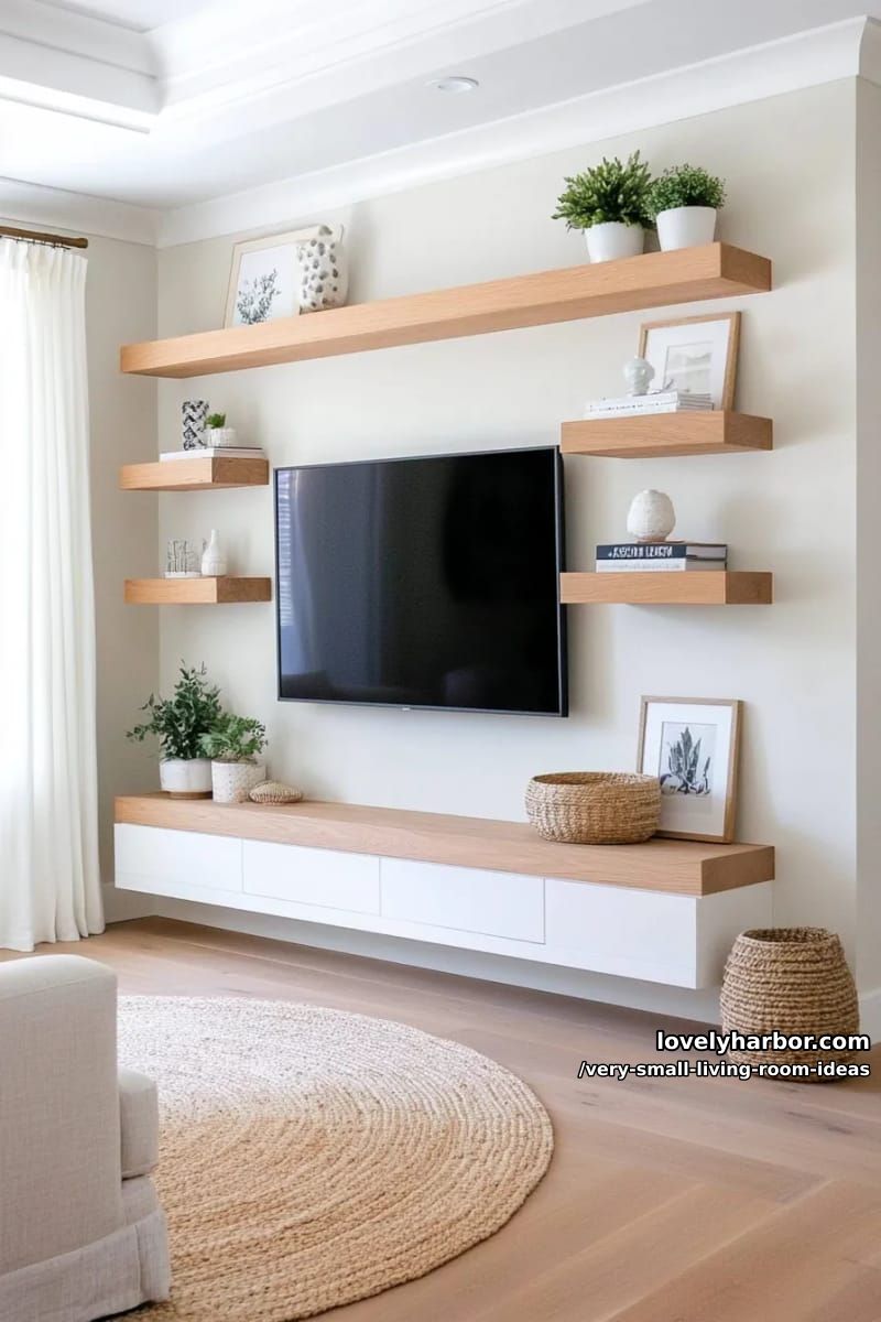 wall-mounted shelves framing the tv for stylish storage and display 1