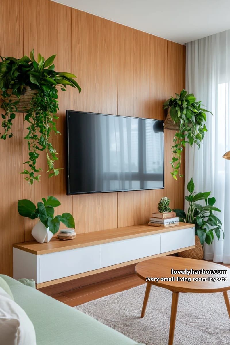 wall-mounted tv flanked by vertical indoor garden planters 1