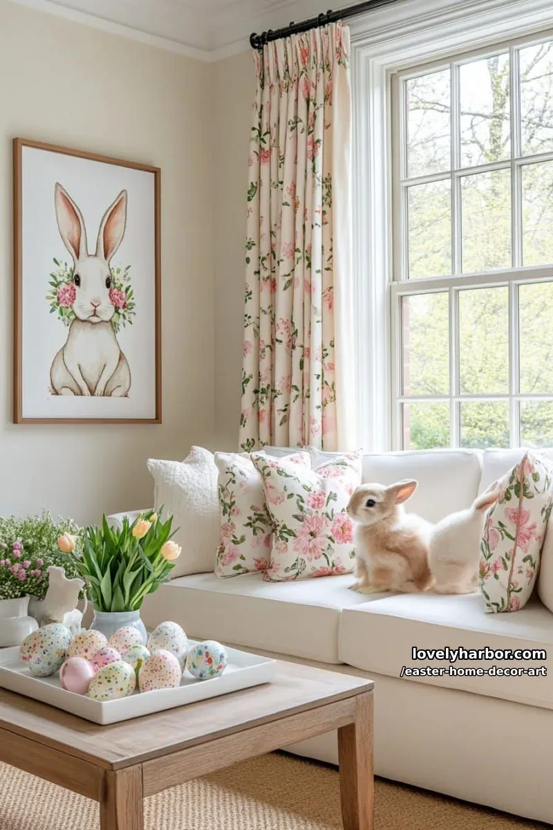 watercolor bunny portrait wall art with floral crown accents 1
