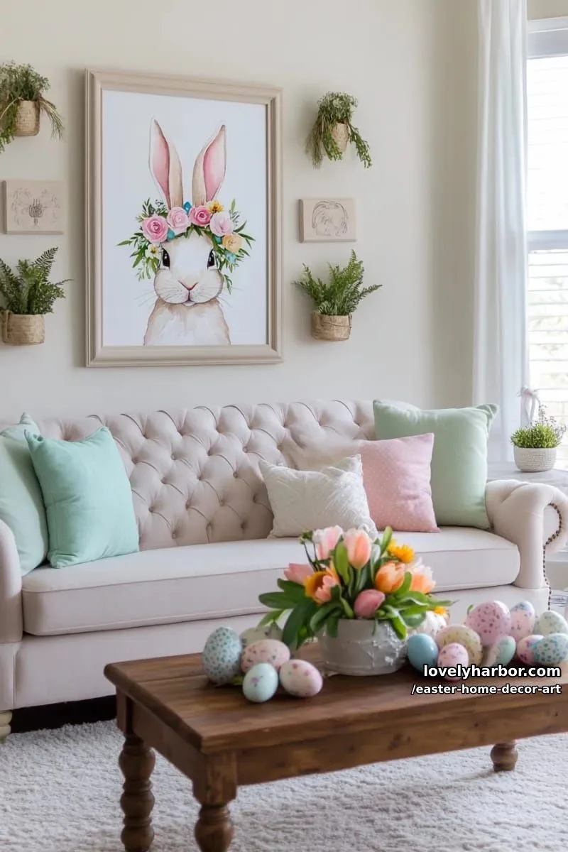 watercolor bunny portrait wall art with floral crown accents 1