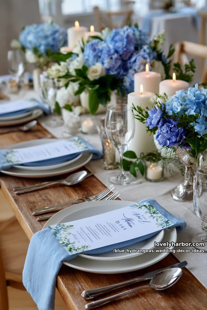watercolor-inspired blue hydrangea menu cards for place settings 1