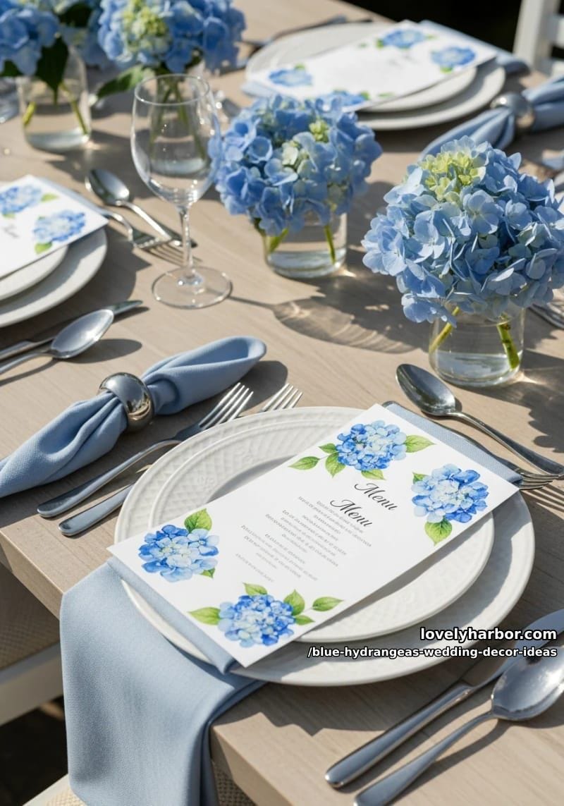 watercolor-inspired blue hydrangea menu cards for place settings 1