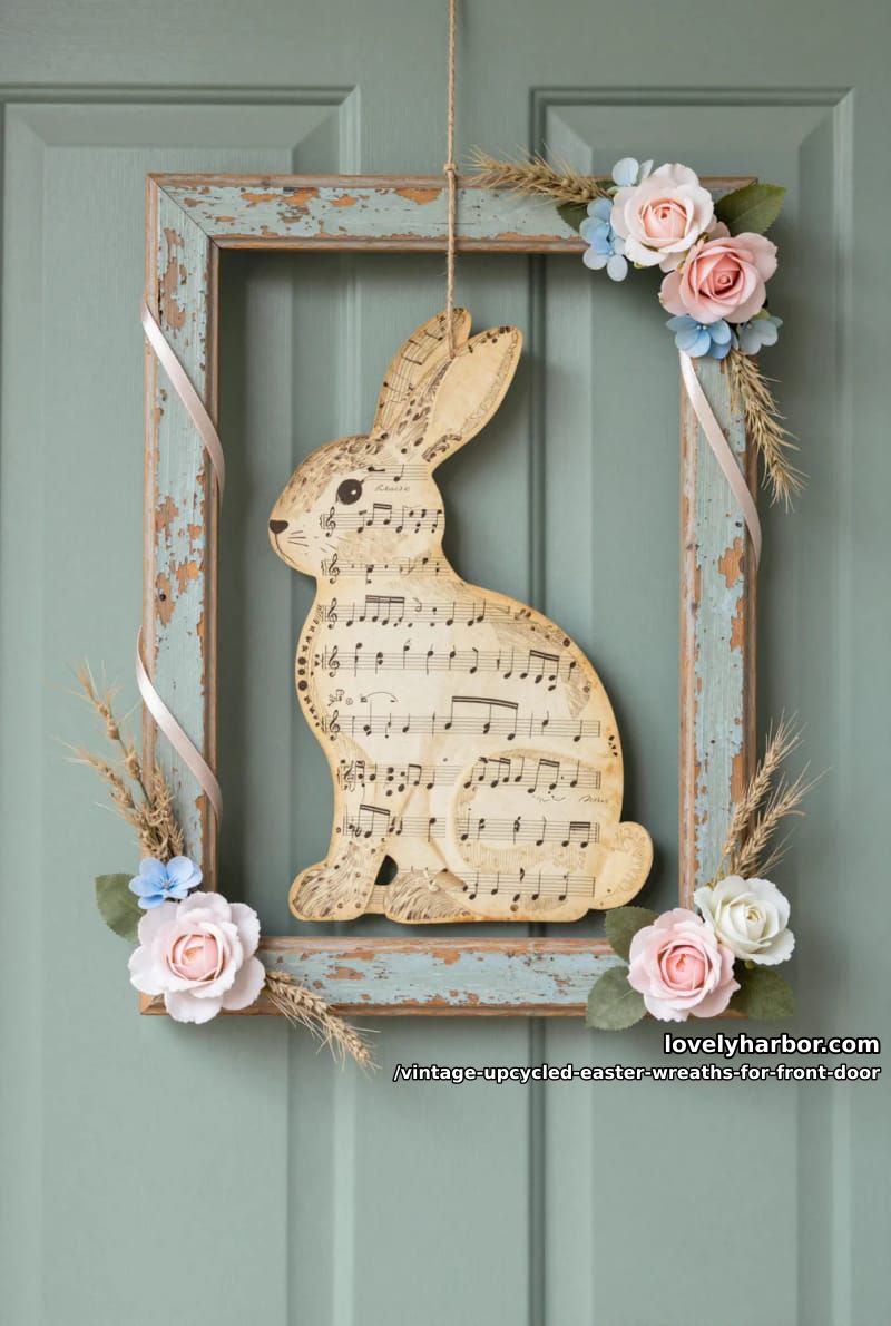 weathered picture frame wreath featuring vintage sheet music bunny cutouts 1