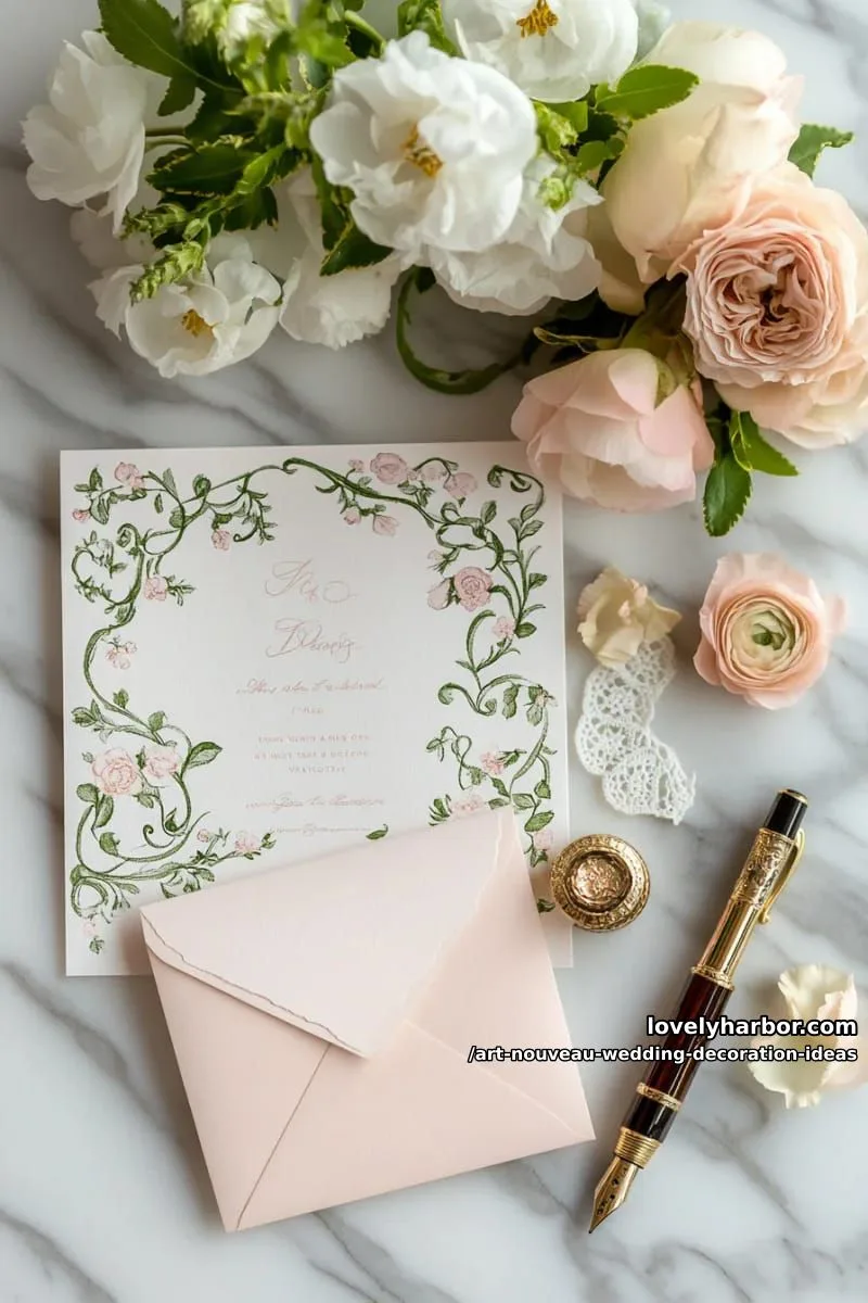 wedding invitations with swirling vines and soft watercolor florals 1