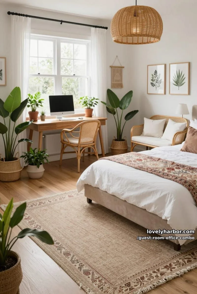 well-lit bedroom with wooden desk, rattan chair, houseplants, and cozy bed. 1