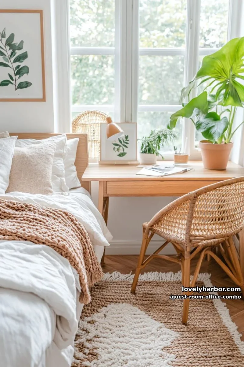 well-lit bedroom with wooden desk, rattan chair, houseplants, and cozy bed. 1