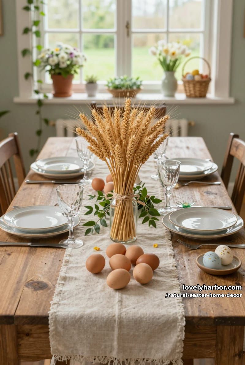 wheat bundle centerpiece tied with twine beside scattered brown eggs 1