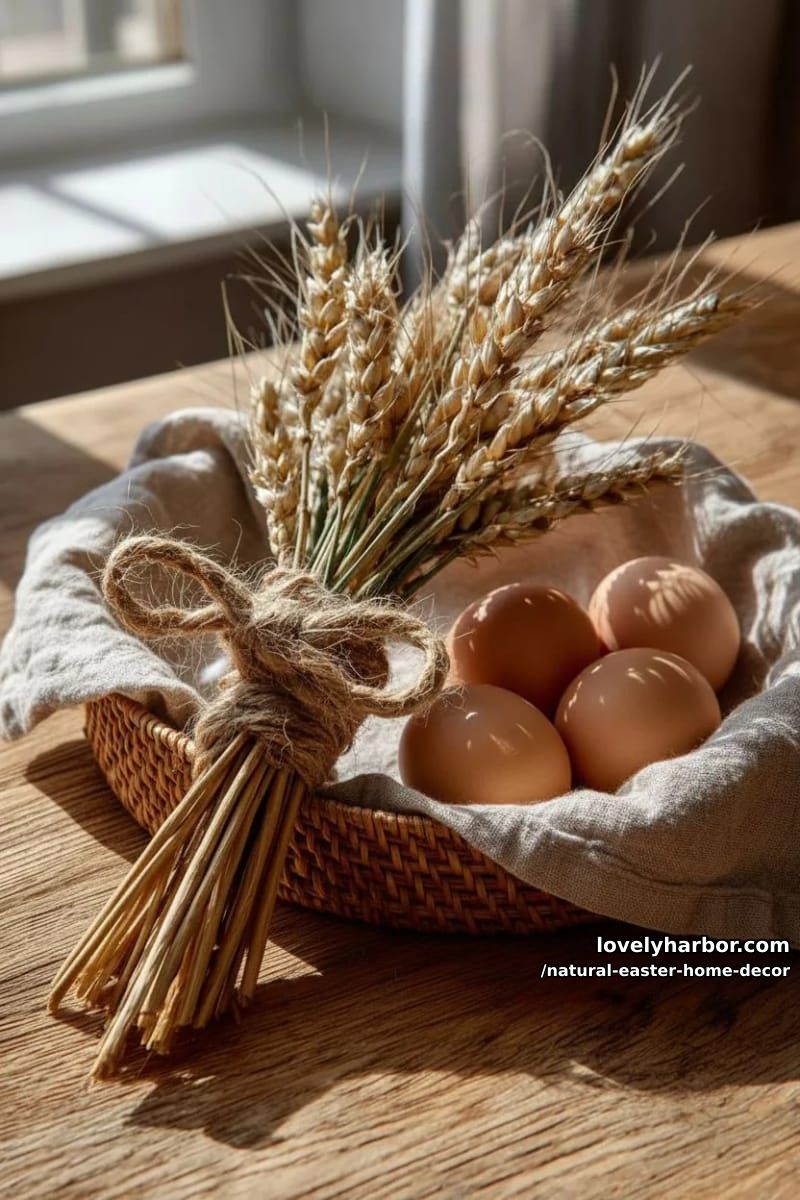 wheat bundle centerpiece tied with twine beside scattered brown eggs 1