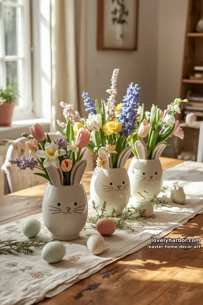 whimsical bunny ear egg vases with fresh spring flowers arrangement 1