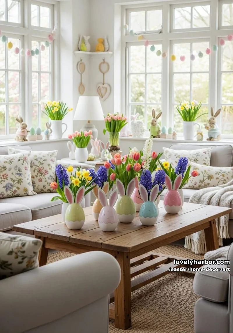 whimsical bunny ear egg vases with fresh spring flowers arrangement 1