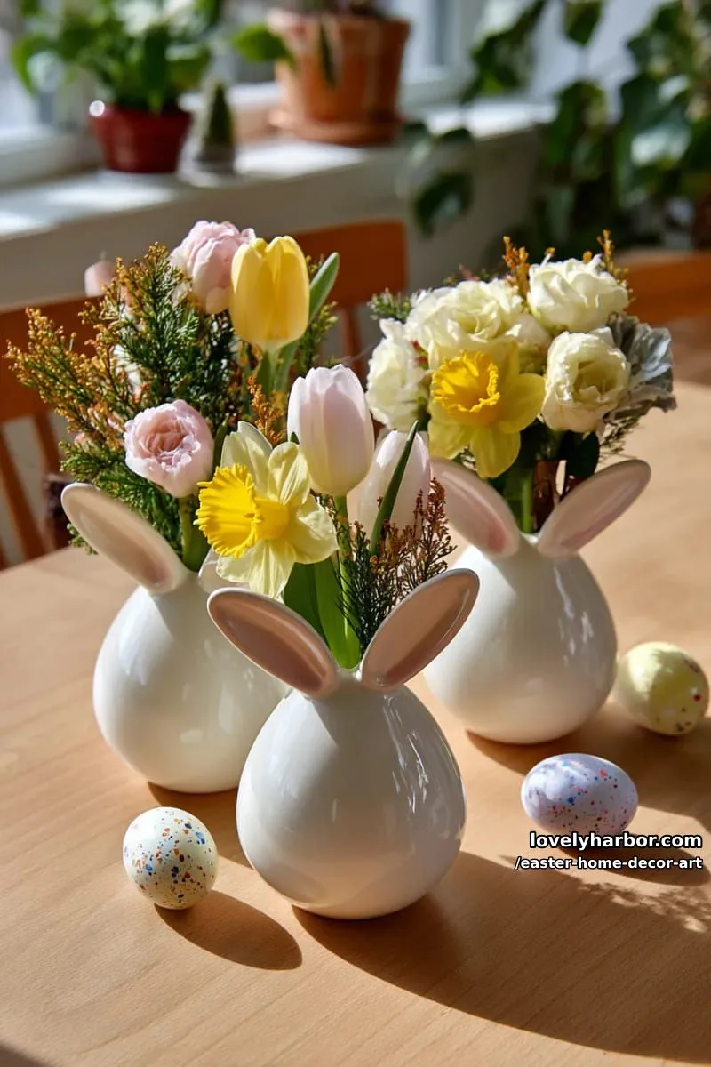whimsical bunny ear egg vases with fresh spring flowers arrangement 1