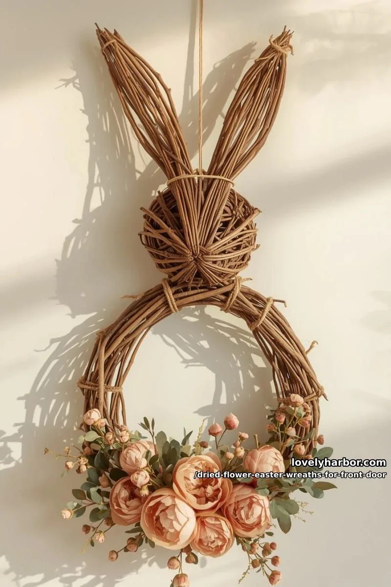 whimsical bunny-shaped wreath with dried pink peonies and rustic twigs 1