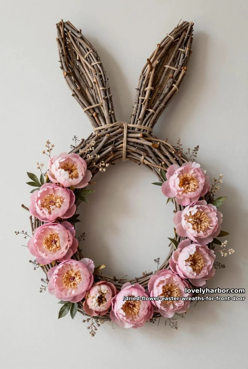 whimsical bunny-shaped wreath with dried pink peonies and rustic twigs 1