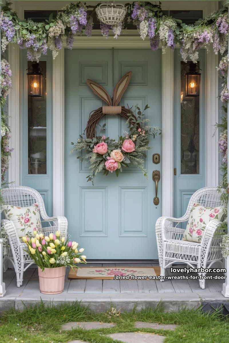 whimsical bunny-shaped wreath with dried pink peonies and rustic twigs 1