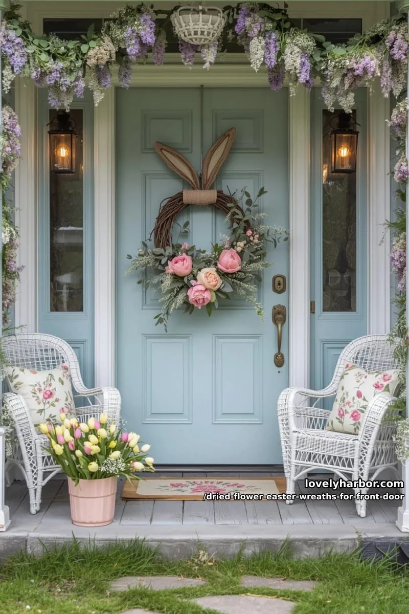 whimsical bunny-shaped wreath with dried pink peonies and rustic twigs 1