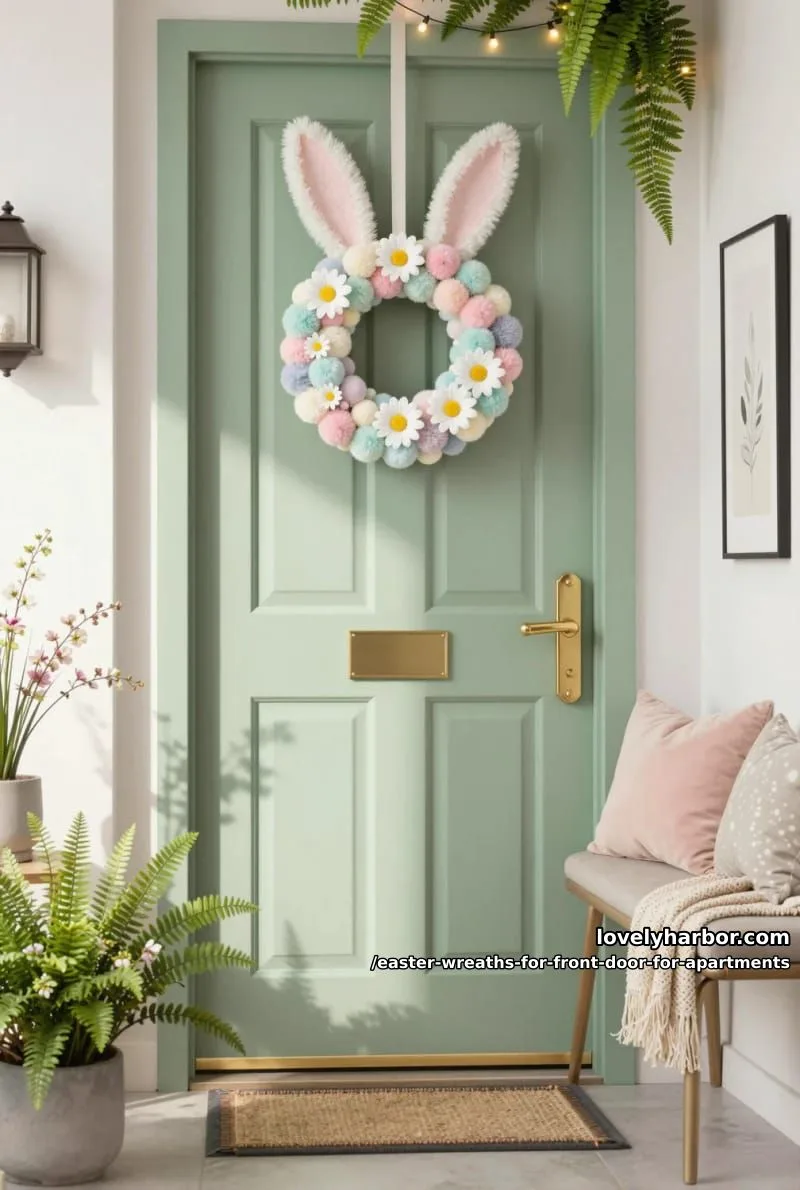 whimsical bunny-shaped wreath with pastel pom-poms and daisies 1