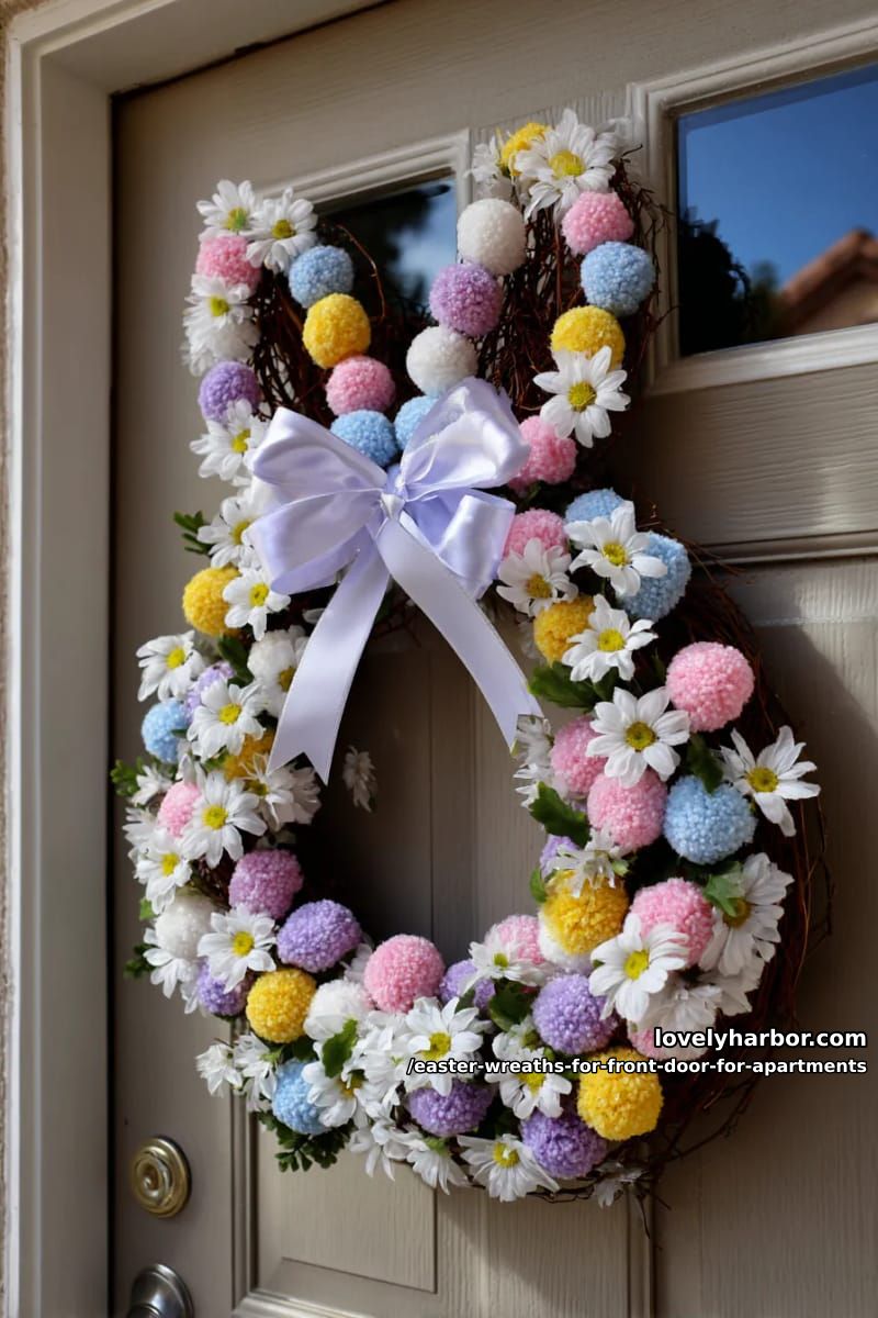 whimsical bunny-shaped wreath with pastel pom-poms and daisies 1