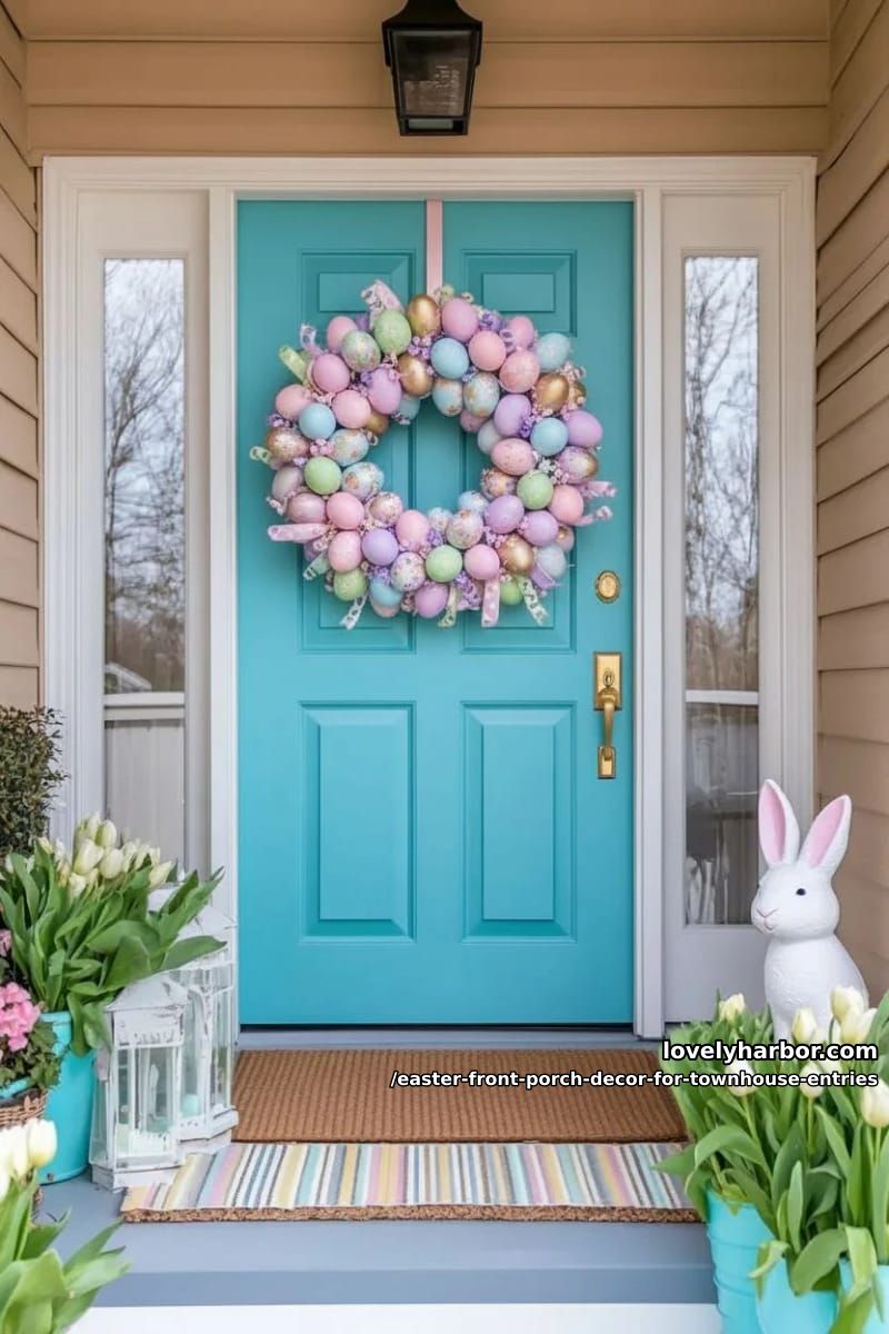 whimsical easter egg wreath on bold-colored townhouse door 1