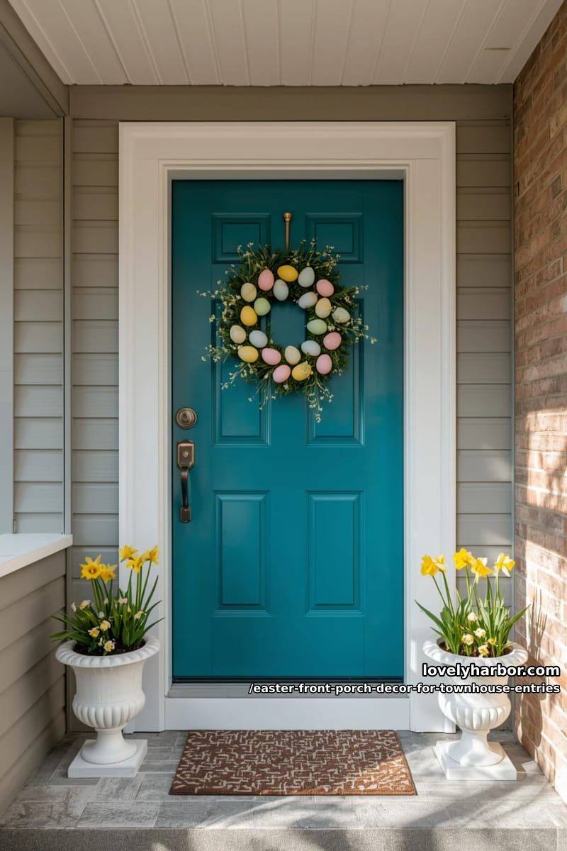 whimsical easter egg wreath on bold-colored townhouse door 1
