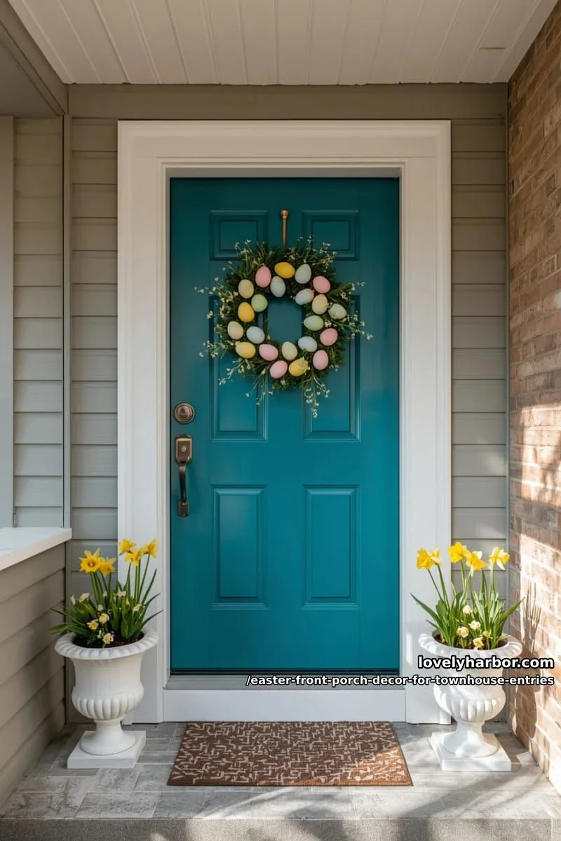whimsical easter egg wreath on bold-colored townhouse door 1