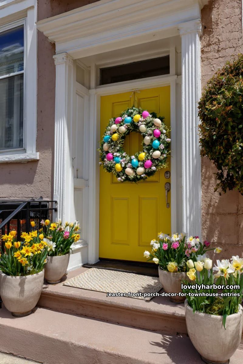 whimsical easter egg wreath on bold-colored townhouse door 1