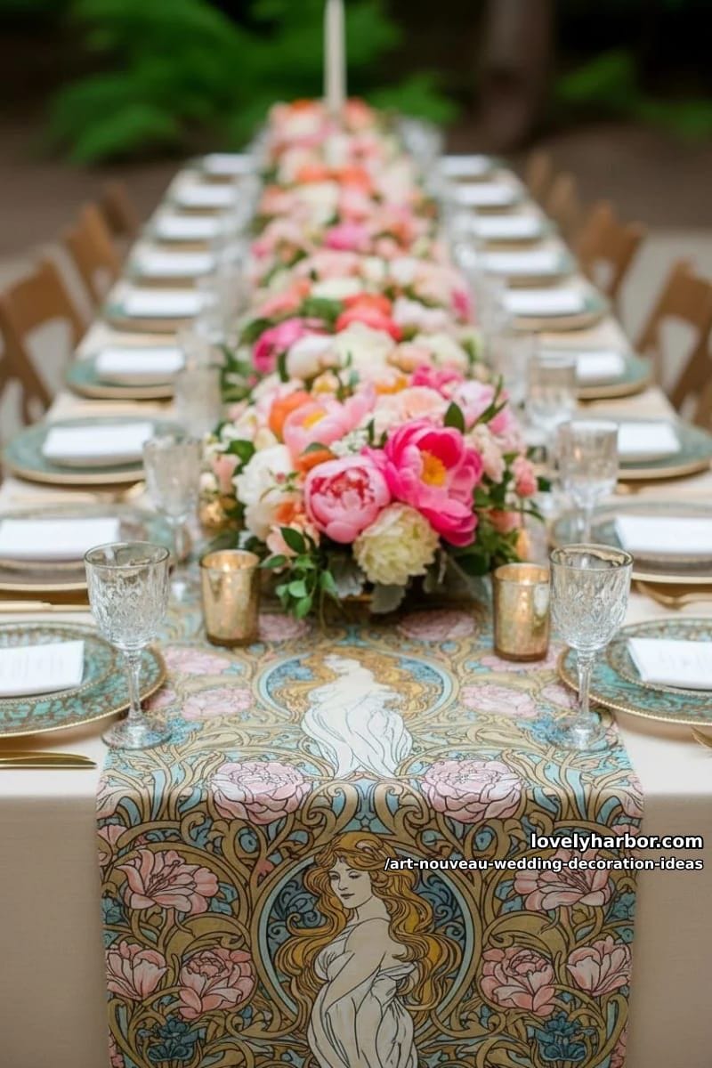 whimsical floral table runners inspired by alphonse mucha illustrations 1