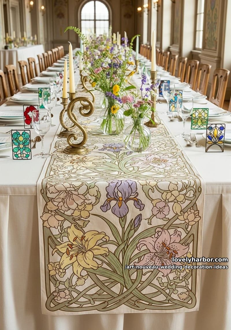 whimsical floral table runners inspired by alphonse mucha illustrations 1