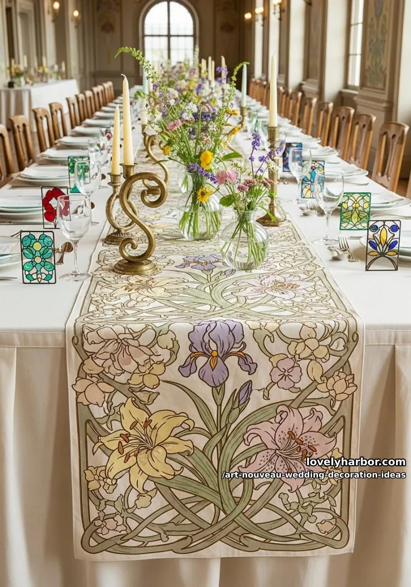 whimsical floral table runners inspired by alphonse mucha illustrations 1