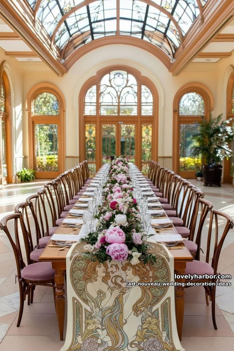 whimsical floral table runners inspired by alphonse mucha illustrations 1