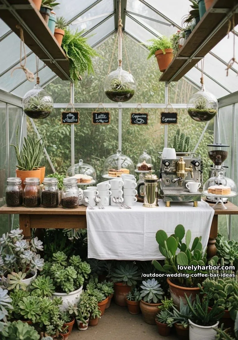 whimsical greenhouse coffee station surrounded by succulents and hanging terrariums 1