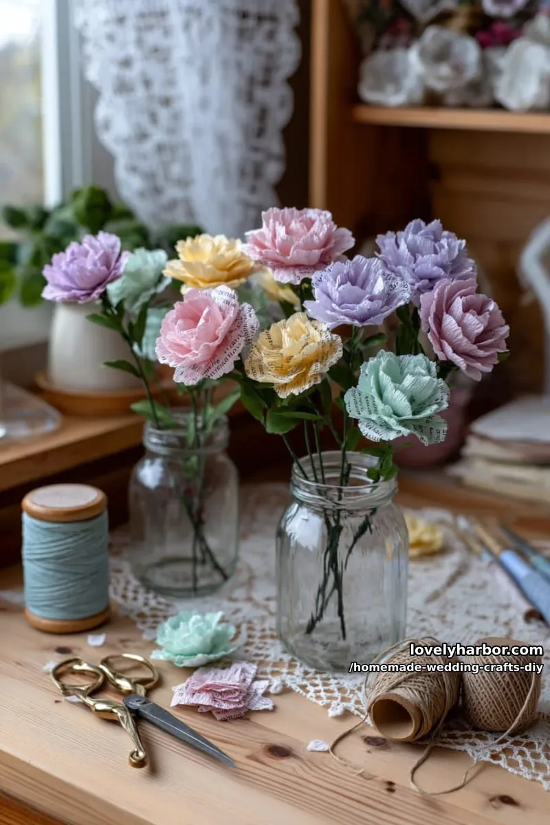 19 Homemade Wedding Crafts DIY To Wow Your Guests 6 whimsical paper flower bouquets using book pages and pastel tissue paper 1