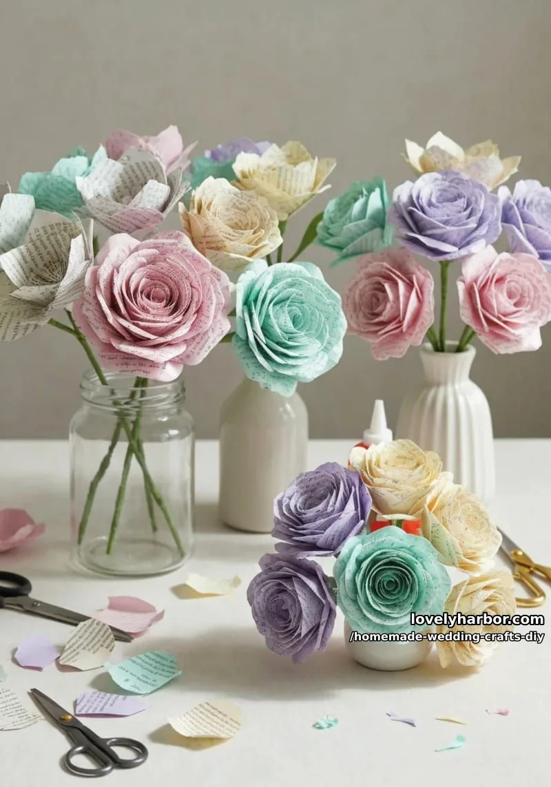 19 Homemade Wedding Crafts DIY To Wow Your Guests 7 whimsical paper flower bouquets using book pages and pastel tissue paper 1
