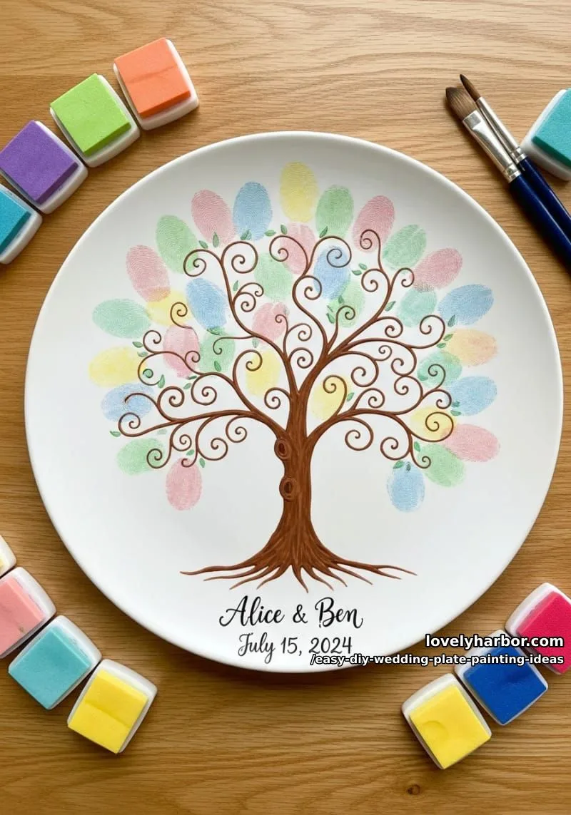 whimsical tree with fingerprint leaves for guest signatures around the trunk 1