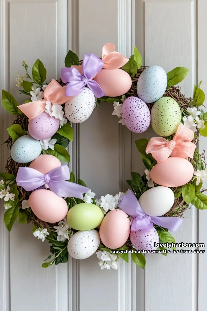 15 Upcycled Easter Wreaths For Front Door That Bring Colorful Spring Vibes 2 whimsical wreath with upcycled plastic eggs and pastel ribbon bows 1