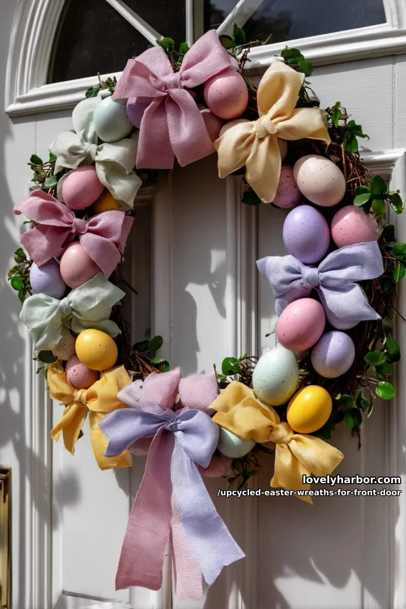 15 Upcycled Easter Wreaths For Front Door That Bring Colorful Spring Vibes 3 whimsical wreath with upcycled plastic eggs and pastel ribbon bows 1