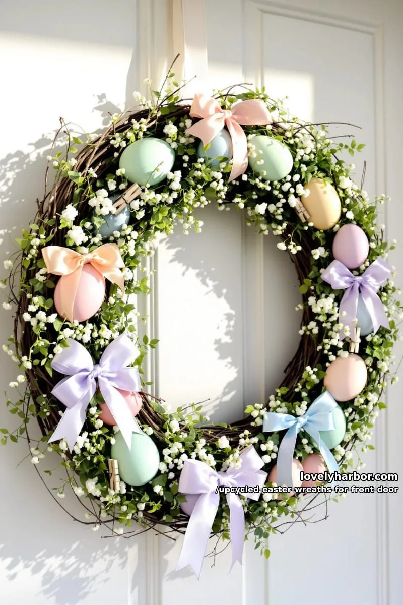 15 Upcycled Easter Wreaths For Front Door That Bring Colorful Spring Vibes 4 whimsical wreath with upcycled plastic eggs and pastel ribbon bows 1