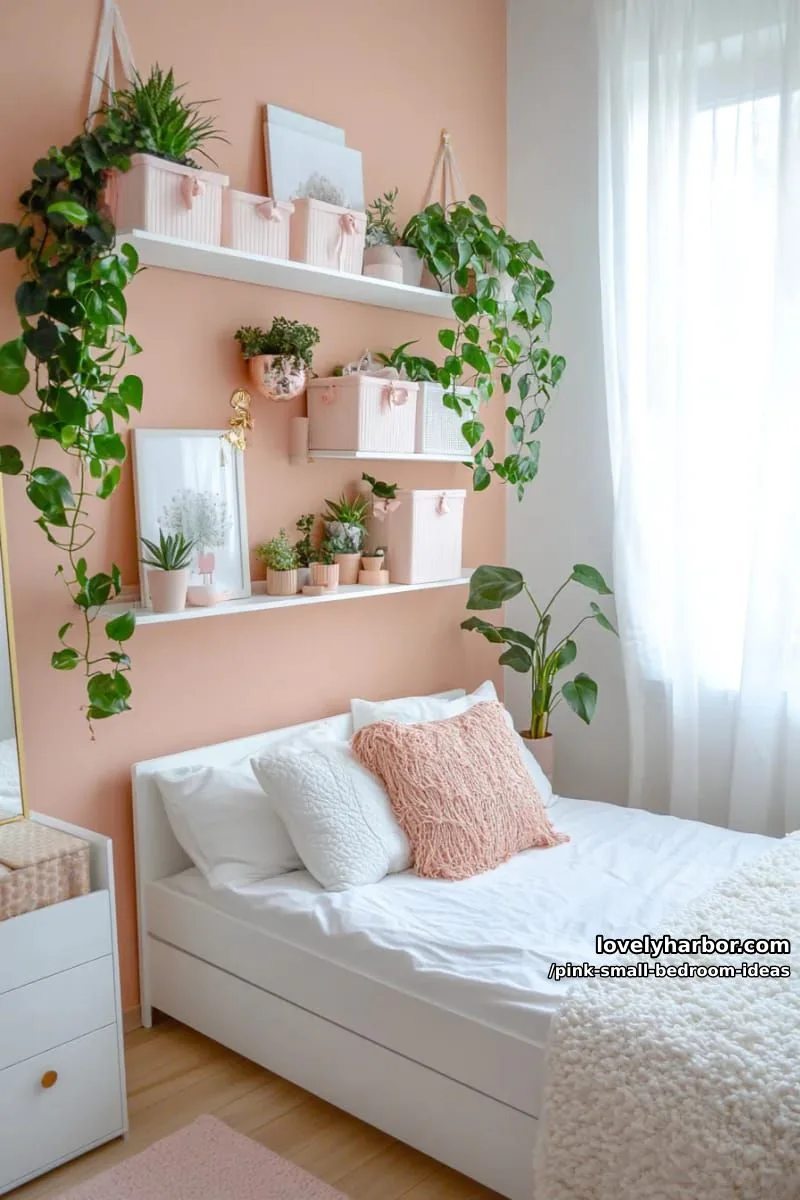 21 Pink Small Bedrooms Ideas You'll Love 25 white floating shelves filled with rose-tinted storage boxes and plants 1
