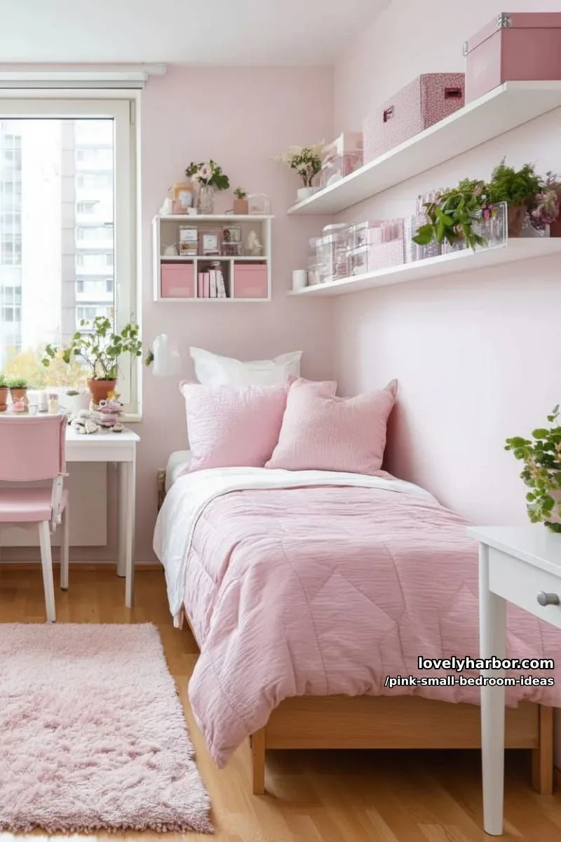 21 Pink Small Bedrooms Ideas You'll Love 27 white floating shelves filled with rose-tinted storage boxes and plants 1