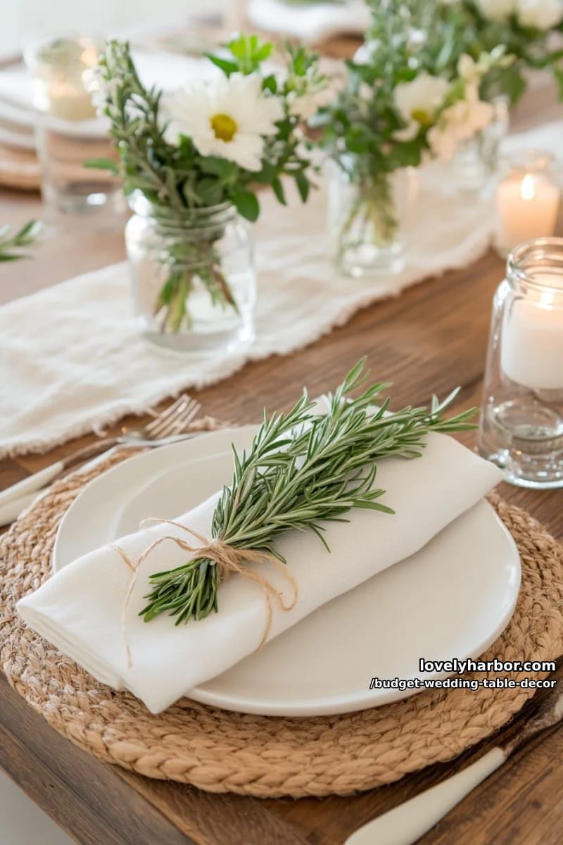 white linen napkins tied with jute and a sprig of rosemary or thyme 1