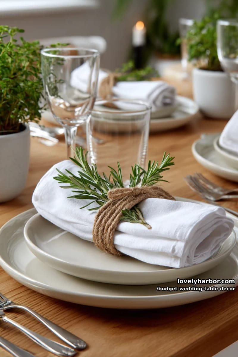 white linen napkins tied with jute and a sprig of rosemary or thyme 1