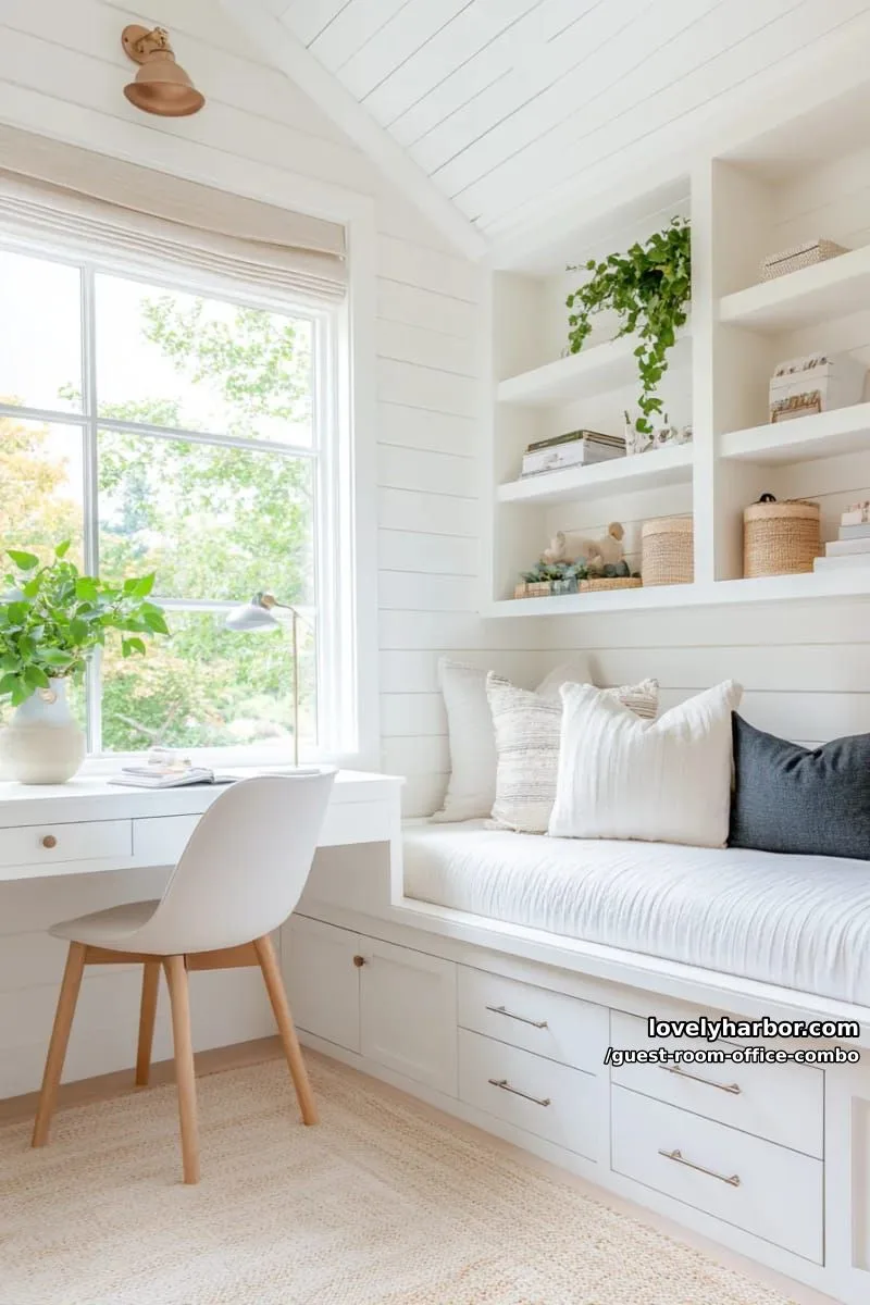 white paneled bedroom with built-in storage bed and airy natural light. 1