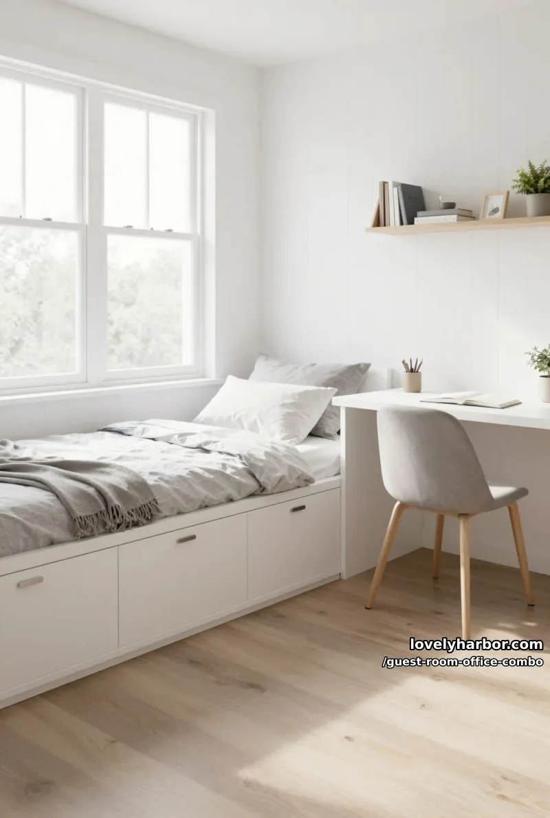 white paneled bedroom with built-in storage bed and airy natural light. 1