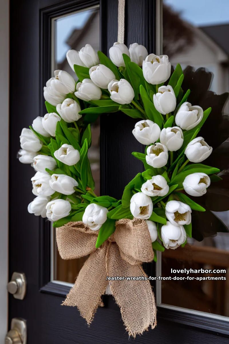 white tulip wreath with a simple burlap bow for a fresh look 1