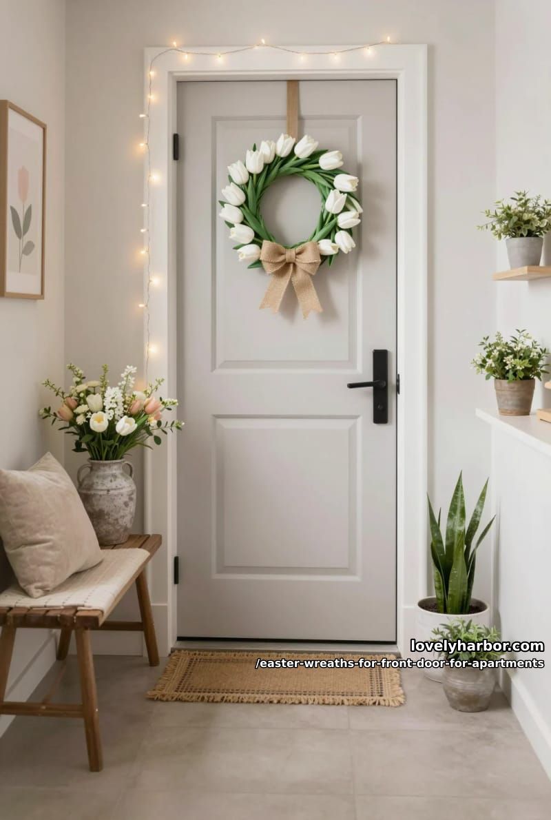 white tulip wreath with a simple burlap bow for a fresh look 1